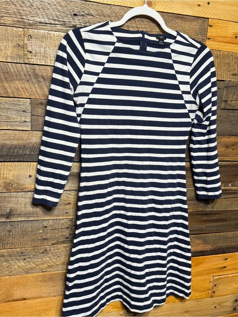 J Crew Womens XS Blue White Striped Cotton Fit And Flare 3/4 Sleeve Dress